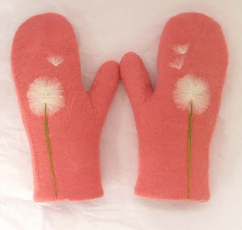 Felted wool mittens in watermelon red with dandelion design, 100 percent handmade, made to order