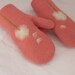 Felted wool mittens in watermelon red with dandelion design, 100 percent handmade, made to order