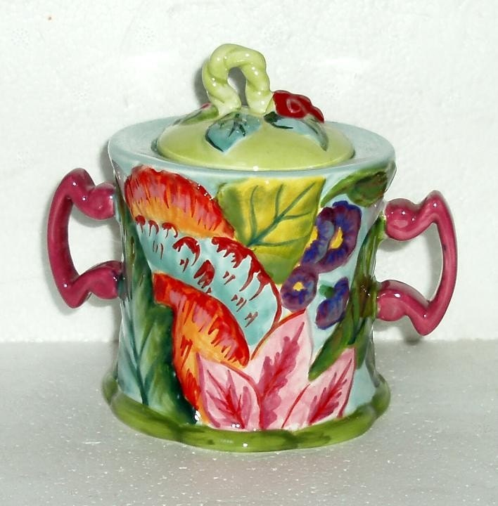 Tracy Porter SUGAR BOWL , flowers, hand painted, never used, olive green, turquoise, pink, orange rose, barn red, lime green