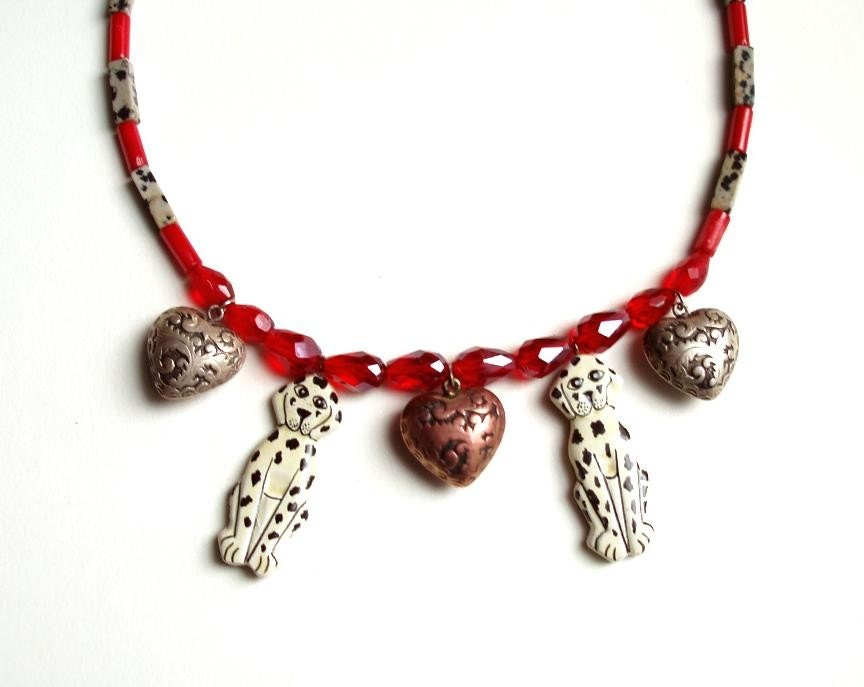 FUN NECKLACE 17" ,Dogs, puppies, Dalmations, hearts, red, black, white, silver, bronze,Czech glass, jasper