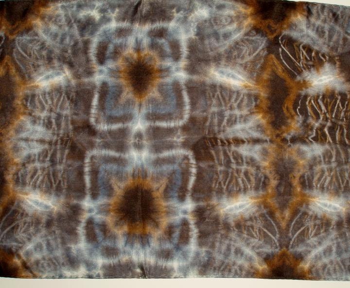 Hand DYED SILK SCARF 11x45 inches complex patterns in charcoal, dark brown, gray, rust, beige