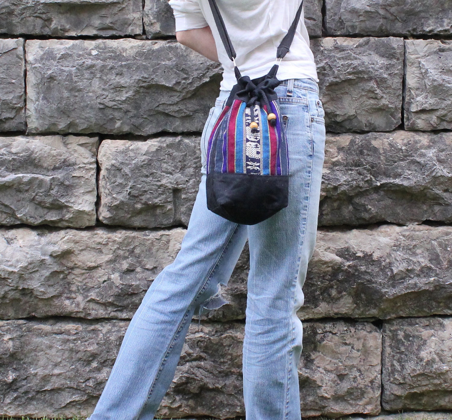 Vintage Tribal Bucket Bag in Colorful Woven Cotton . Boho Hippie Ethnic . Adjustable Strap & Drawstring