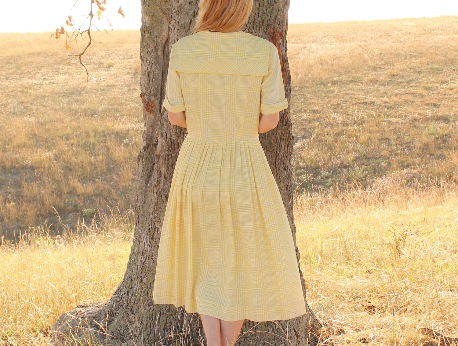RESERVED Vintage 1950s Summer Day Dress in Yellow Plaid w Sailor Collar . Mad Men . Womens Large