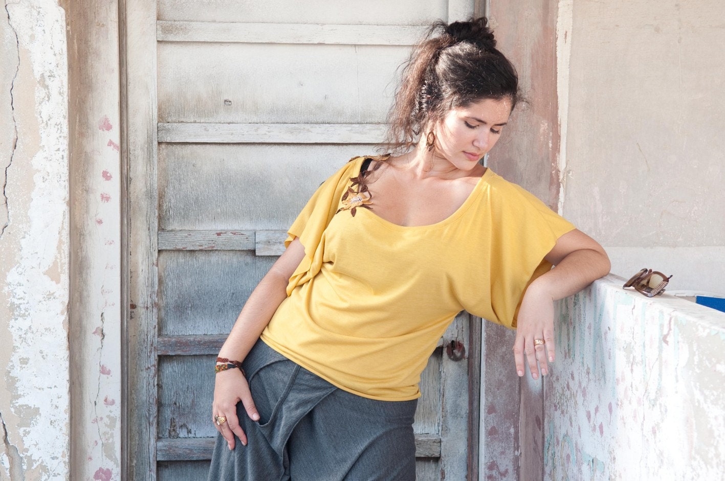 Low cut Over the Shoulder wide fit  Dolman sleeves Top---Made to Order