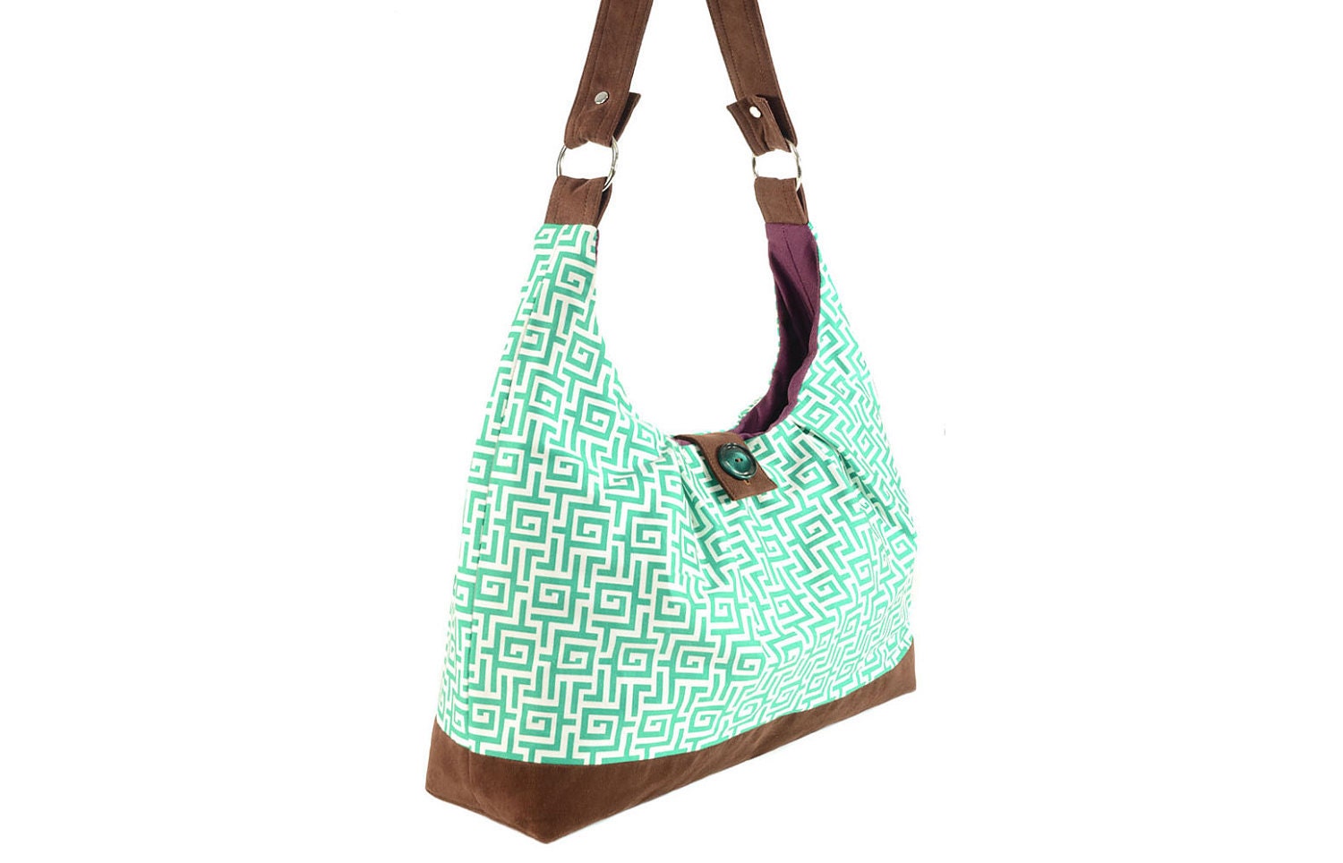 Pleated and Curved Green Greek Key Print Shoulder Bag with Purple Lining