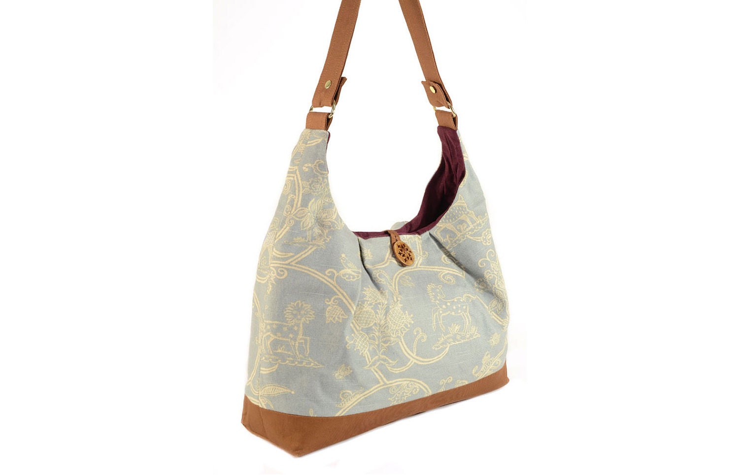 Pleated and Curved Pastoral Print Shoulder Bag with Wine Linen Lining