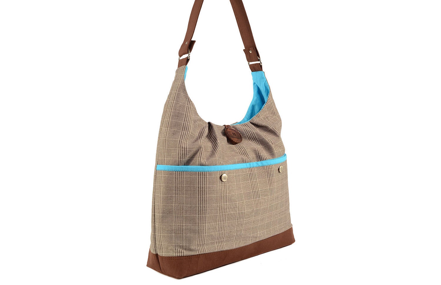 Brown Houndtooth Plaid Suiting Shoulder Bag with Teal Linen Lining