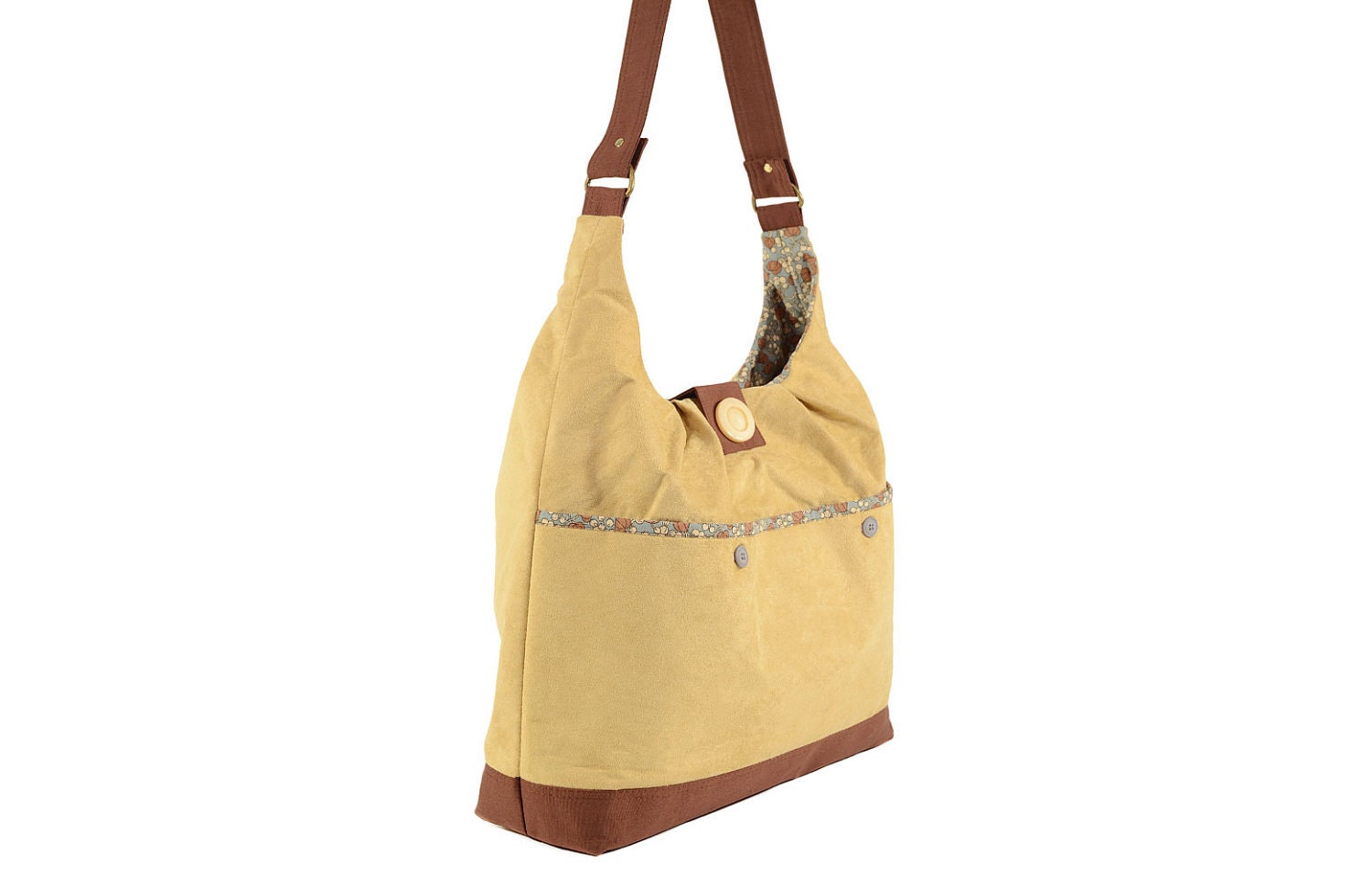Beige Microsuede Shoulder Bag with Vine Patterned Lining