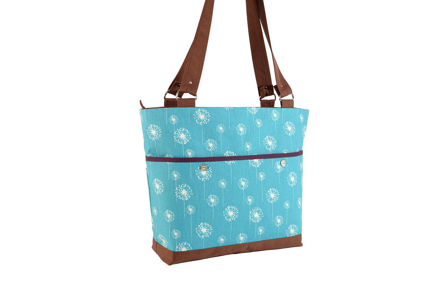 Teal Dandelion Print Zippered Tote with Purple Lining