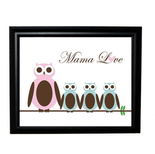 Mama love and child owl print - 8x10, pink/chocolate and blue/chocolate colors