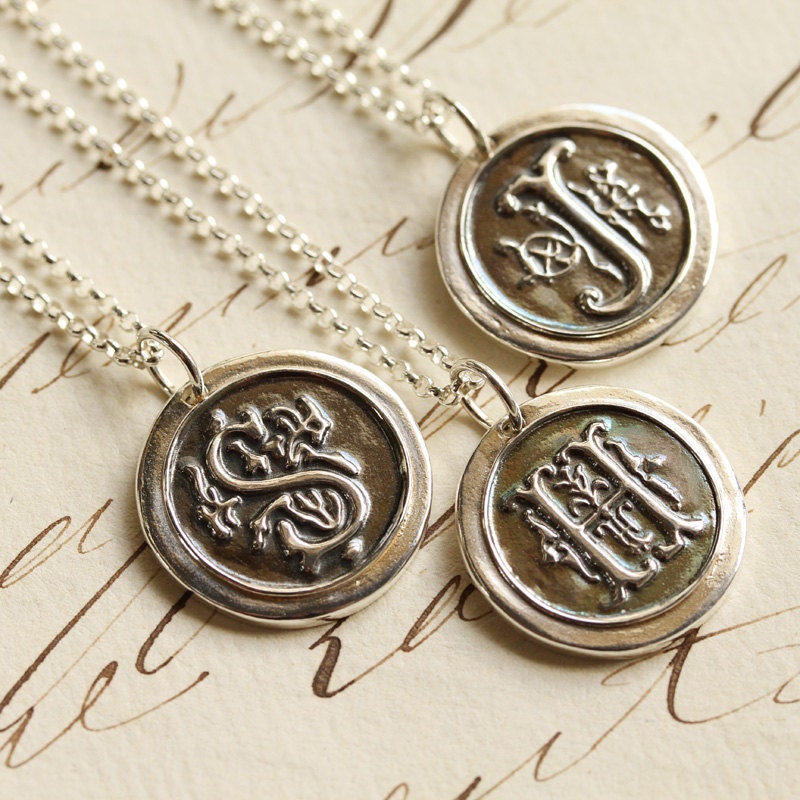 Oxidized Old English Initial Wax Seal Necklace - Any Letter of the Alphabet - Fine Silver, Sterling Silver