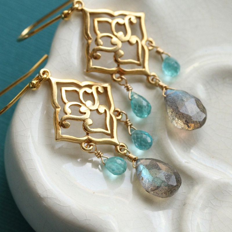 Lotus in the Moonlight Labradorite and Apatite, Gold Vermeil Earrings
