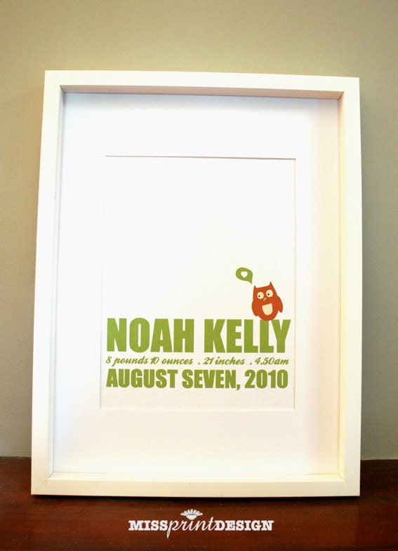 Owl Love Baby Nursery Art, Personalized, Baby Shower Gift 8x10