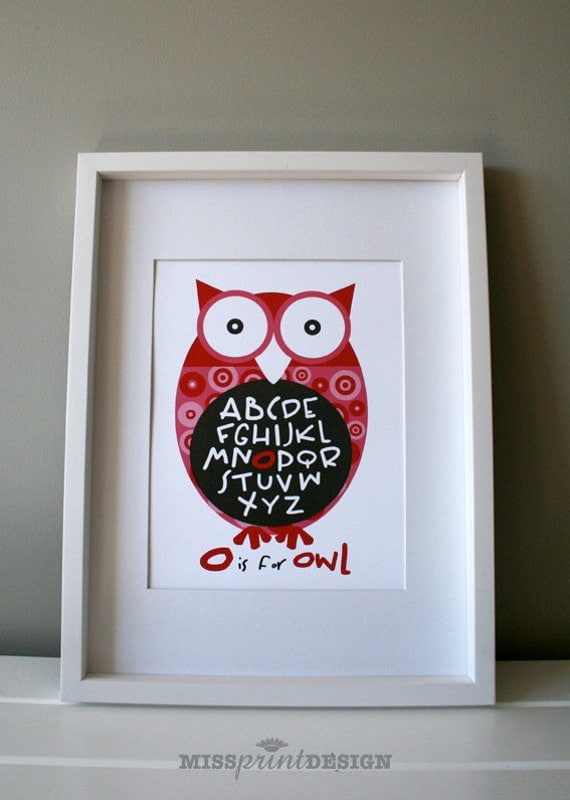 Owl Baby Nursery Art, Alphabet Print, Baby Shower Gift 8x10