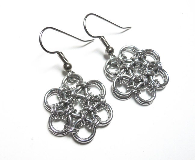 Silver flower earrings, Chainmaille, Aluminum, Japanese 12-in-2 weave
