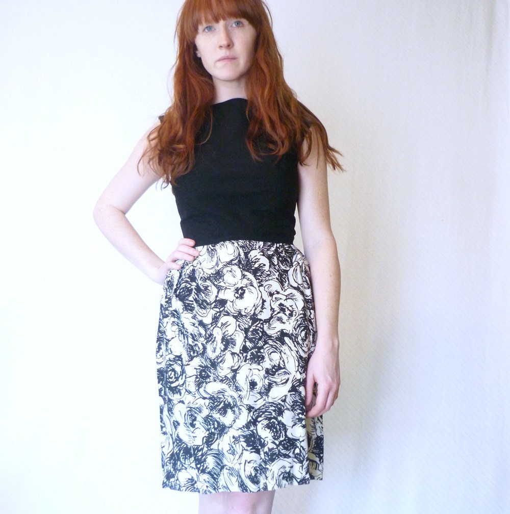 vintage 1950s mad men cocktail dress / 50s black floral fitted wiggle dress / size xs - small