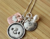 Wedding Couples Necklace with initials wedding date and last name initial hand stamped personalized