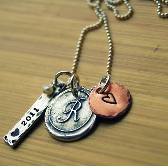 Wax Seal Fine Silver Initial Necklace with Sterling Bar for date and copper heart