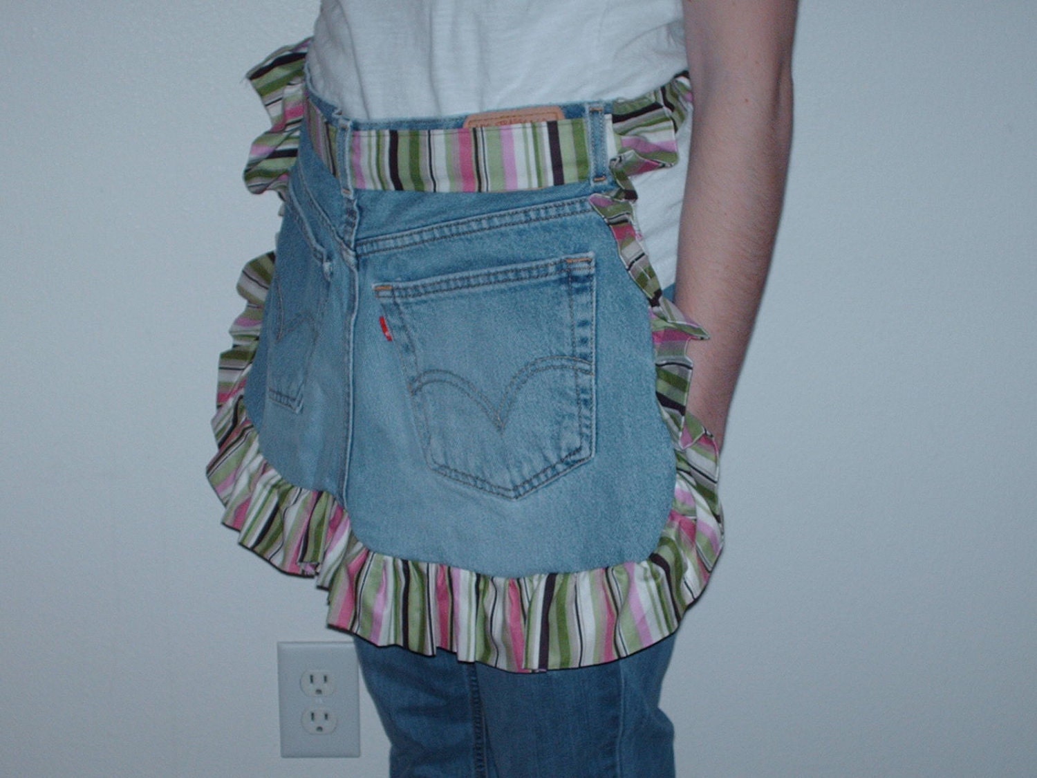 Upcycled Levi Cotton Pink,Green,and Brown Striped Half Apron