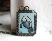 Manatee Necklace, Hand Painted Pendant - Original Watercolor Art