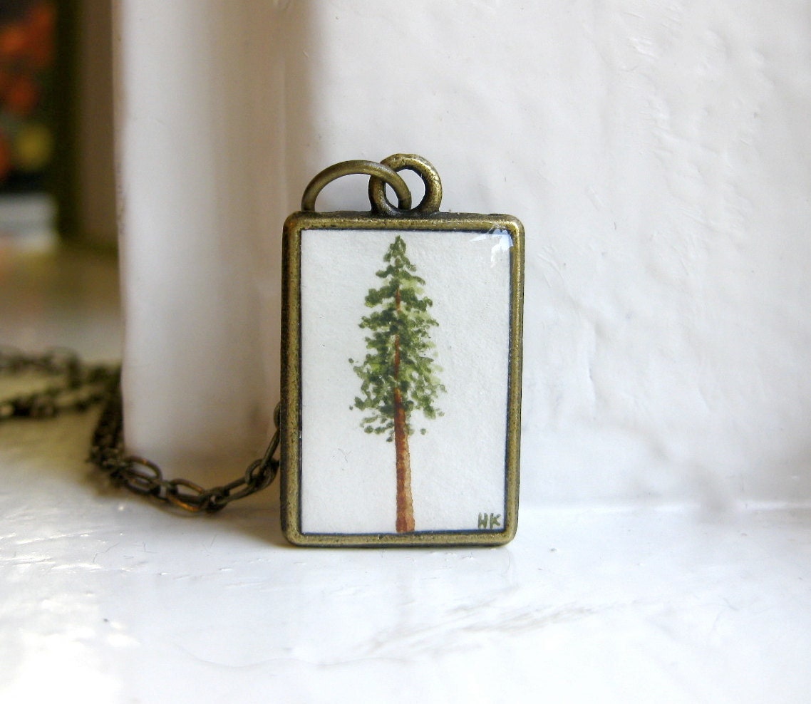 Redwood Pine Tree Necklace - Hand Painted Pendant Necklace, Original Painting - Christmas Tree - HeatherKent