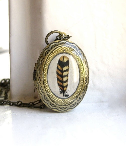 Single Striped Feather Locket Necklace - Watercolor Hand Painted Locket Pendant - HeatherKent