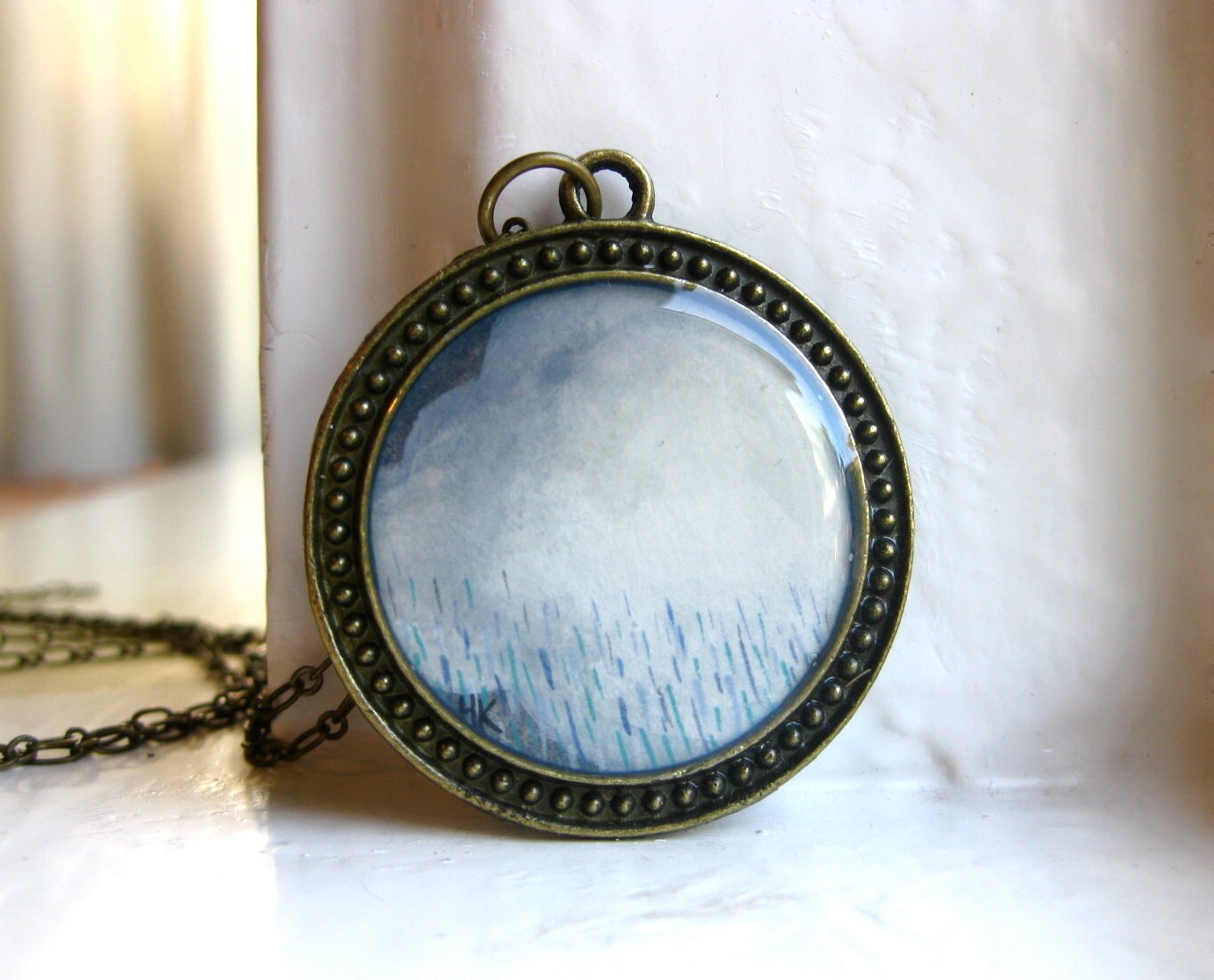 Hand Painted Necklace - Storm Rain Clouds, Round Original Watercolor Art Pendant