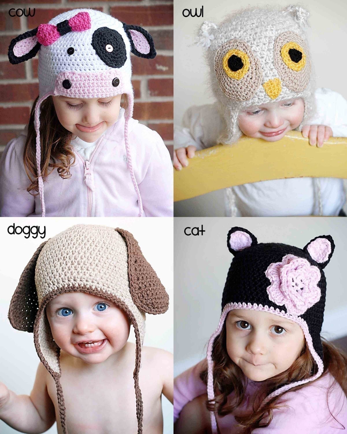 Animal Hat Crochet Patterns Collection 2 (Cat, Doggy, Owl and Cow), (Permission to sell all finished products)