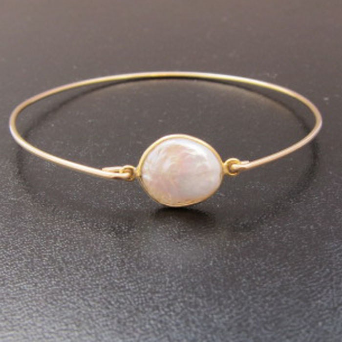 Freshwater Pearl Coin Bracelet, Gemstone Bangle Bracelet - 14k Gold Filled Bangle, Beach Bangle Bracelet, Off White Freshwater Pearl Jewelry