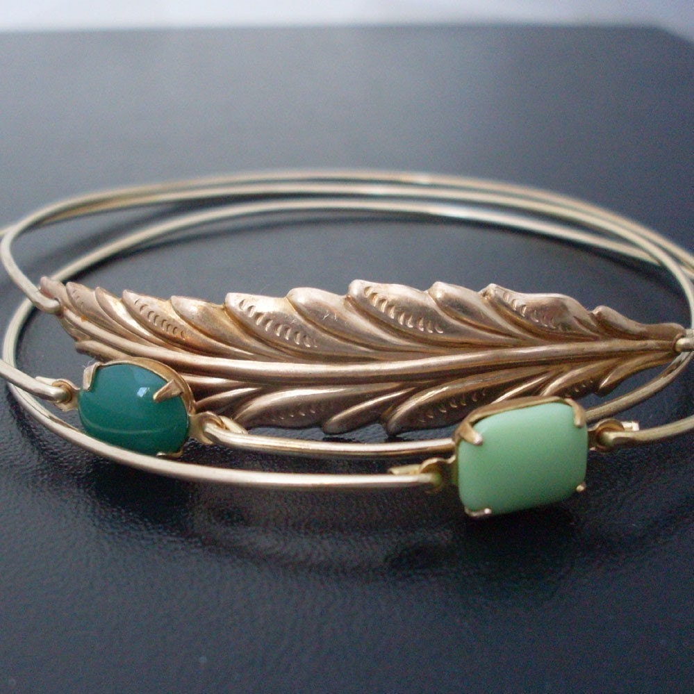 Woodland, Bangle Bracelet Set, Forest Jewelry, Green Bracelet, Gold Stacking Bracelets, Woodland Jewelry, Green Jewelry, Nature Jewelry