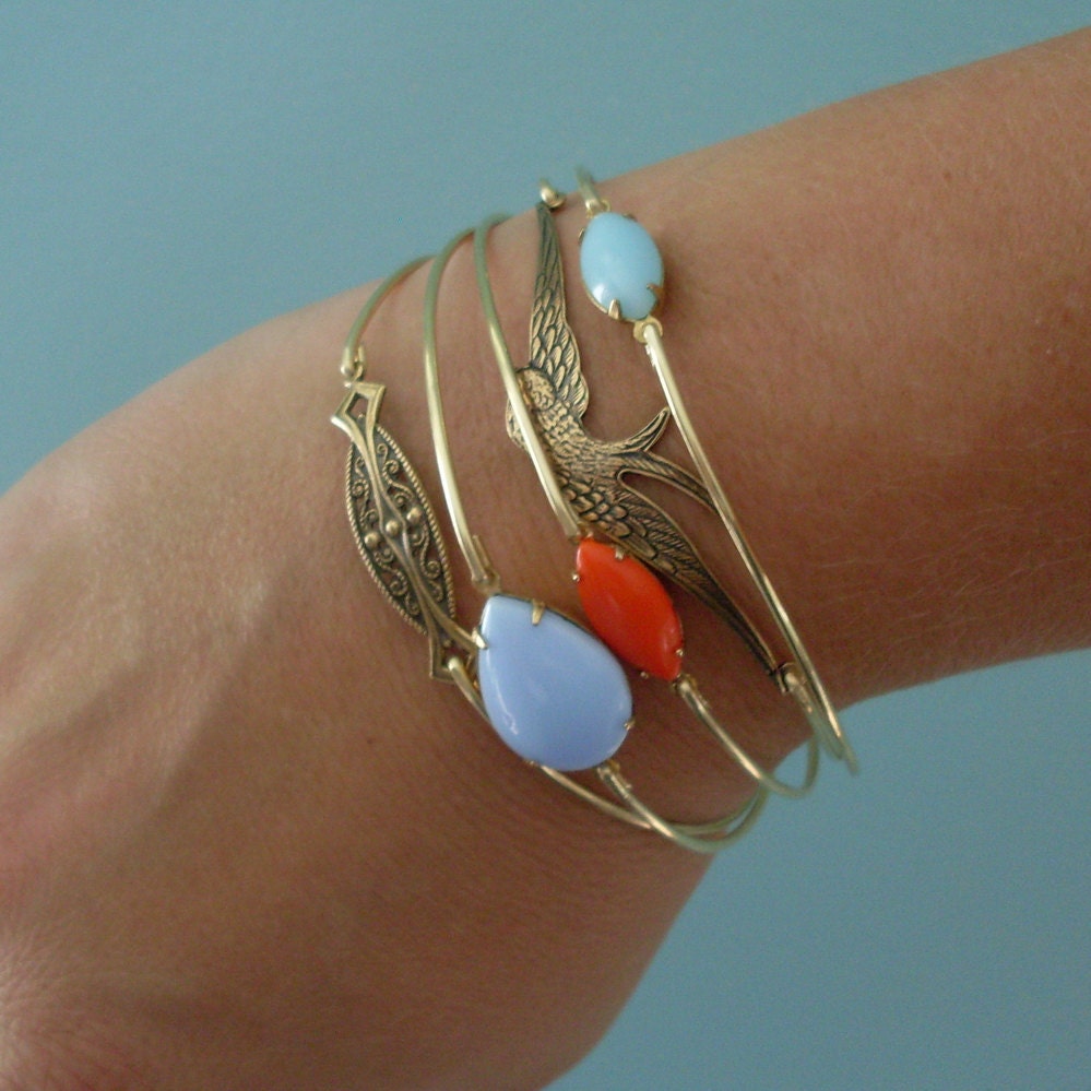 Free as a Bird Stacking Bangle Bracelet Set, Gold, Blue, Coral, Bangle Stack, Bangle Set, Free Bird, Bracelet Stack, Fly High Freebird