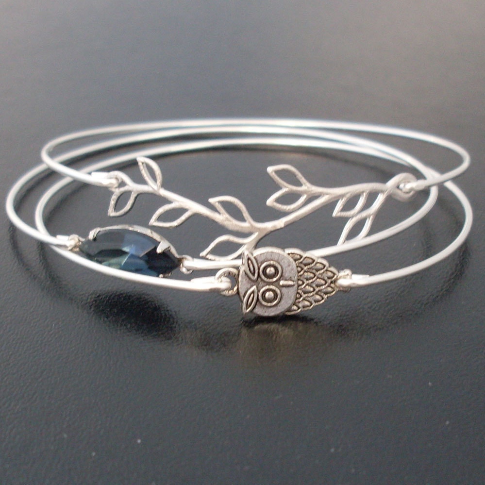 Midnight Owl Bangle Bracelet Set, Silver, Blue, Unique Jewelry, Owl Jewelry, Woodland Owl, Unique Bracelet Stack, Nature Jewelry, Bangle Set