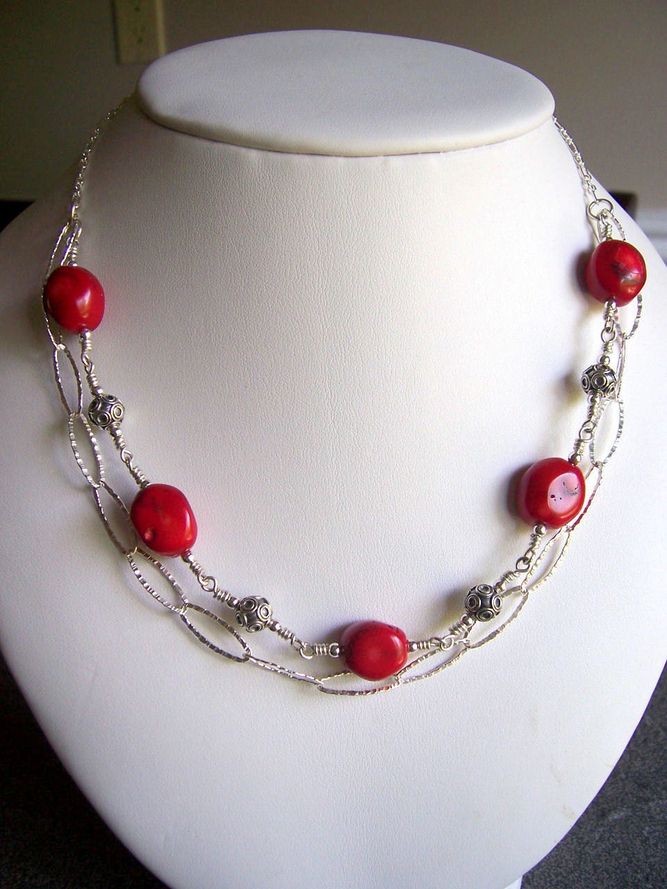 Red coral double strand necklace