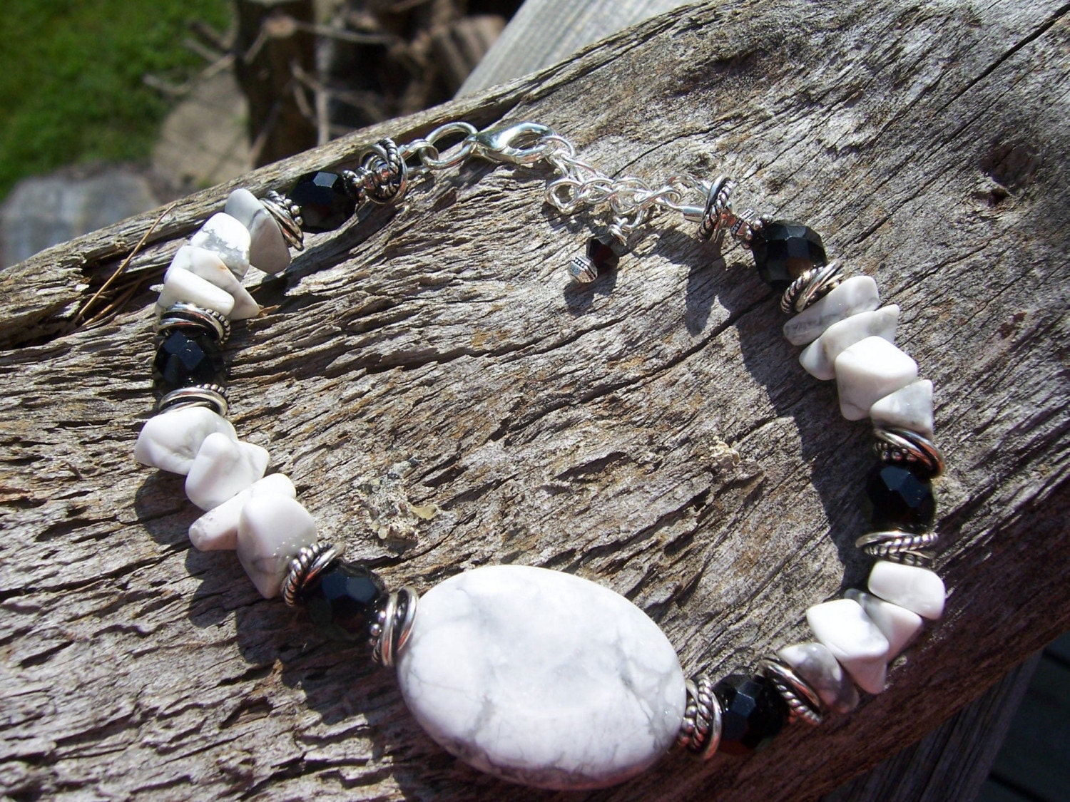 Howlite and crystal sterling silver bracelet
