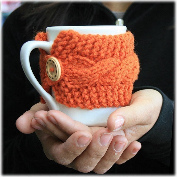 Mug cozy knitted coffee tea pumpkin orange