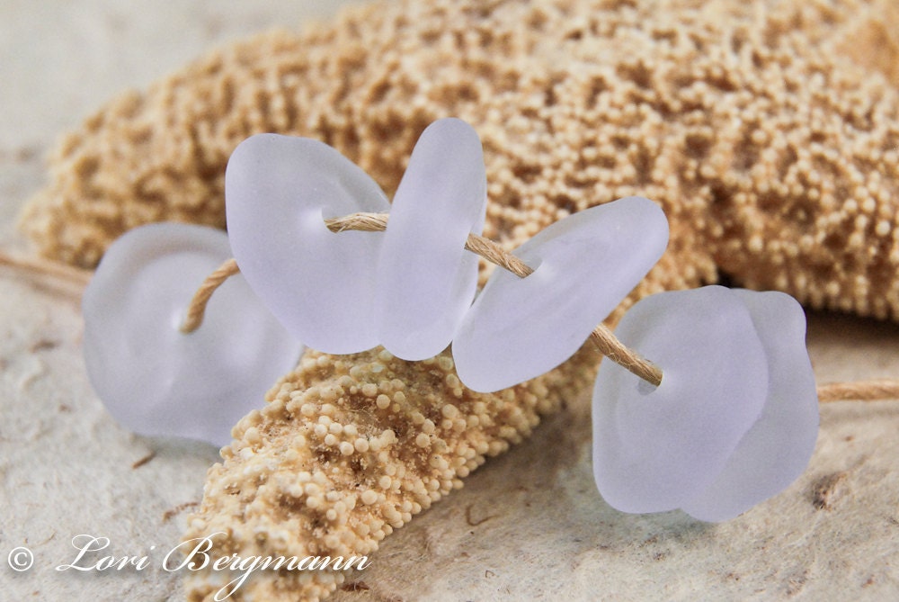 Purple Lavender Lampwork Beads, Beach Glass Discs, Etched, Organic, Handmade