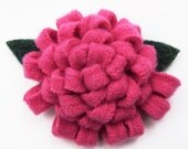Wool Felt Flower Pin, Hot Pink with Leaves