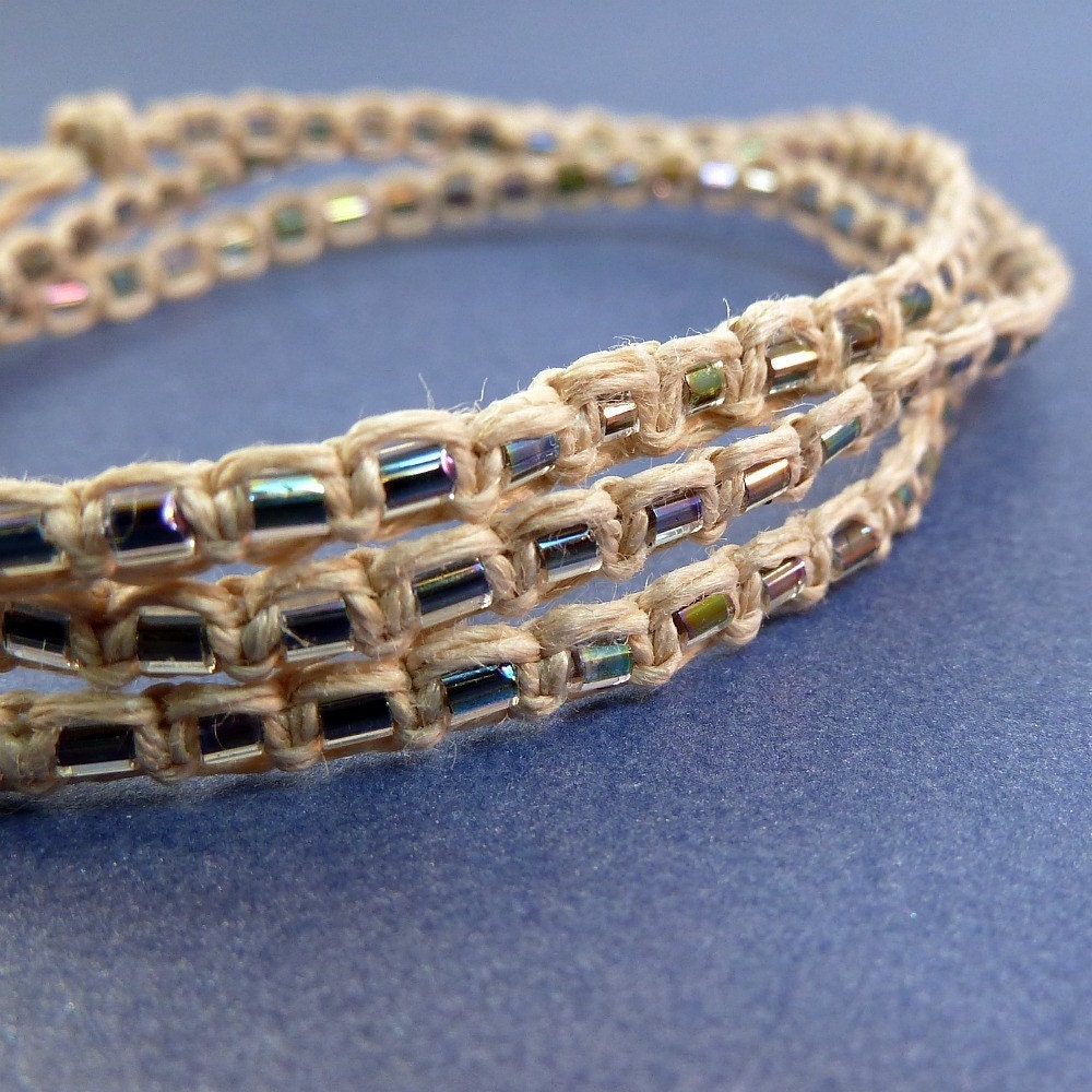 Iridescent Rainbow Glass Bracelet - Natural Hemp Wrap Bracelet, Ultra Thin