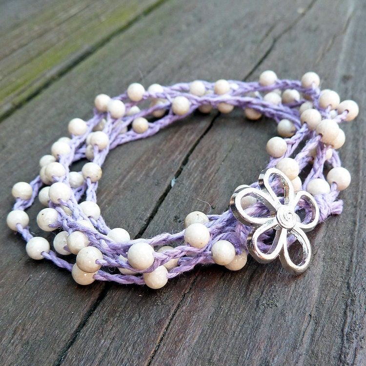 Lavender Wrap Bracelet - Purple Hemp 5x Wrap, Braided Bracelet, Cream Riverstone, Silver Flower, Spring Theme