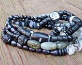 Black and White Wrap Bracelet - Gray Labradorite Beads, Snowflake Obsidian, Black Freshwater Pearl Bracelet, 5x Wrap