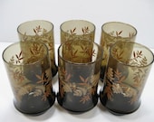 Libbey Drinking Glasses ... Brown with Leaf Design ... Set of 6