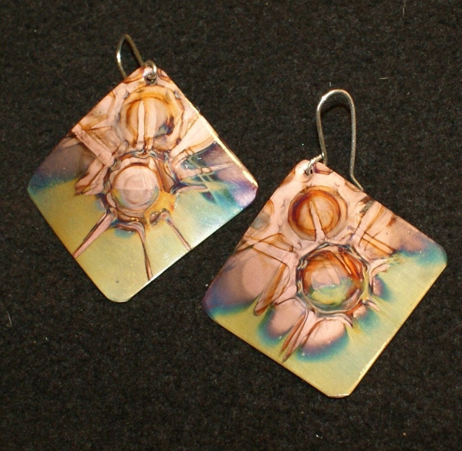 Square copper earrings, yellow, green, copper jewelry