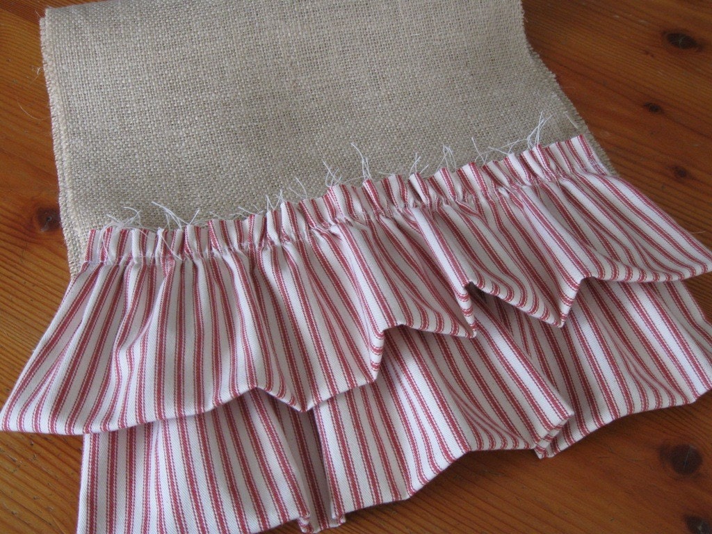Burlap runner with red ticking ruffles