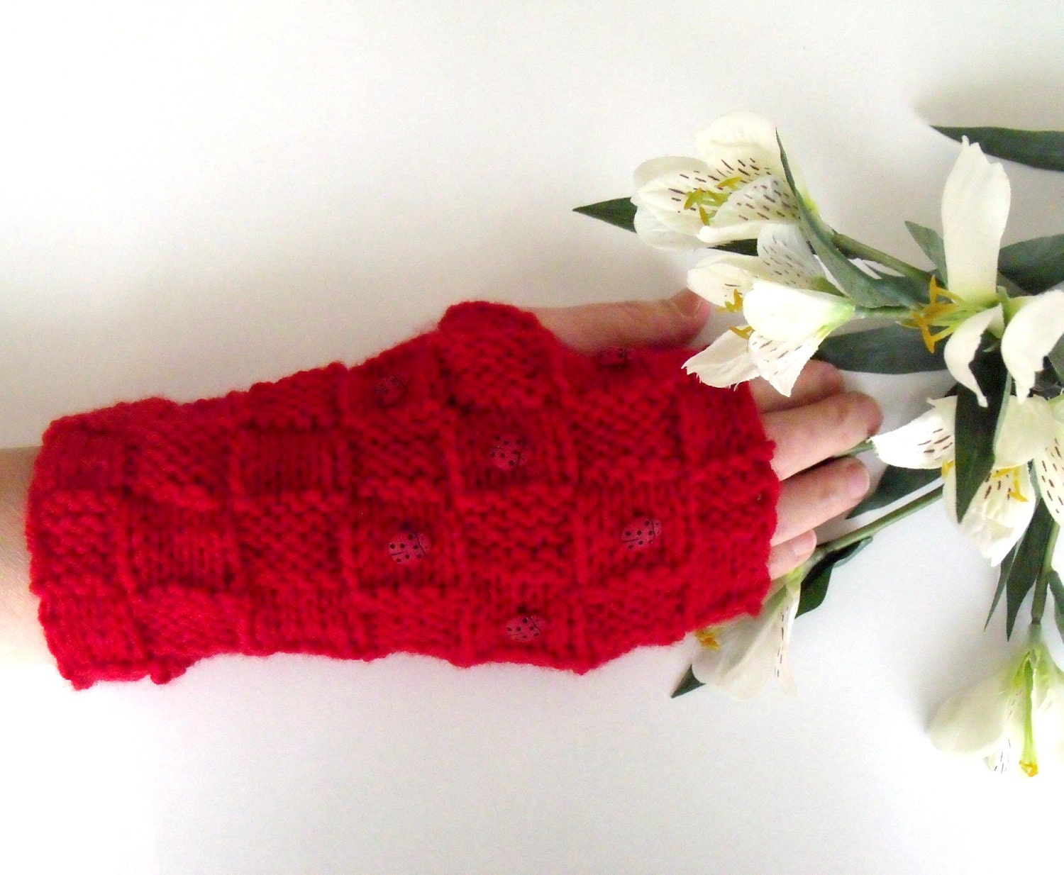 SUMMER SALE...Red LADYBUG Gloves - Wrist Warmers-Ready For Shipping