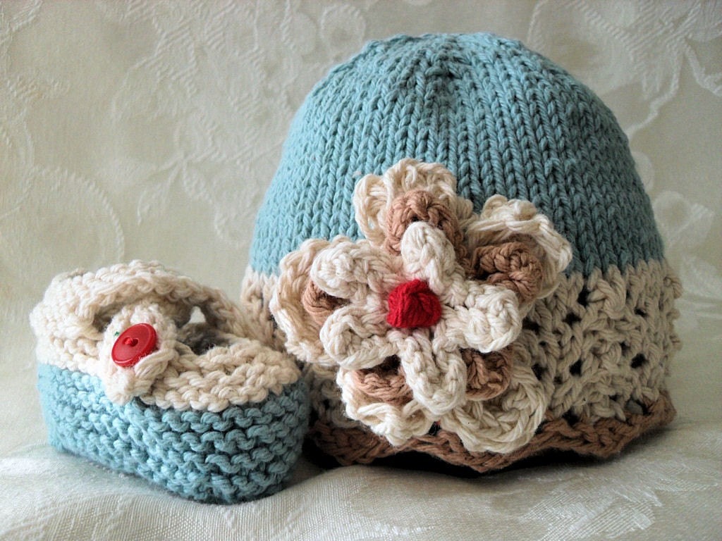 Hand Knitted  Baby Hat in Ivory Lace and Soft Teal- Flower-cotton knitted baby Cloche-Knitted Children Clothing - REAL TEAL 2