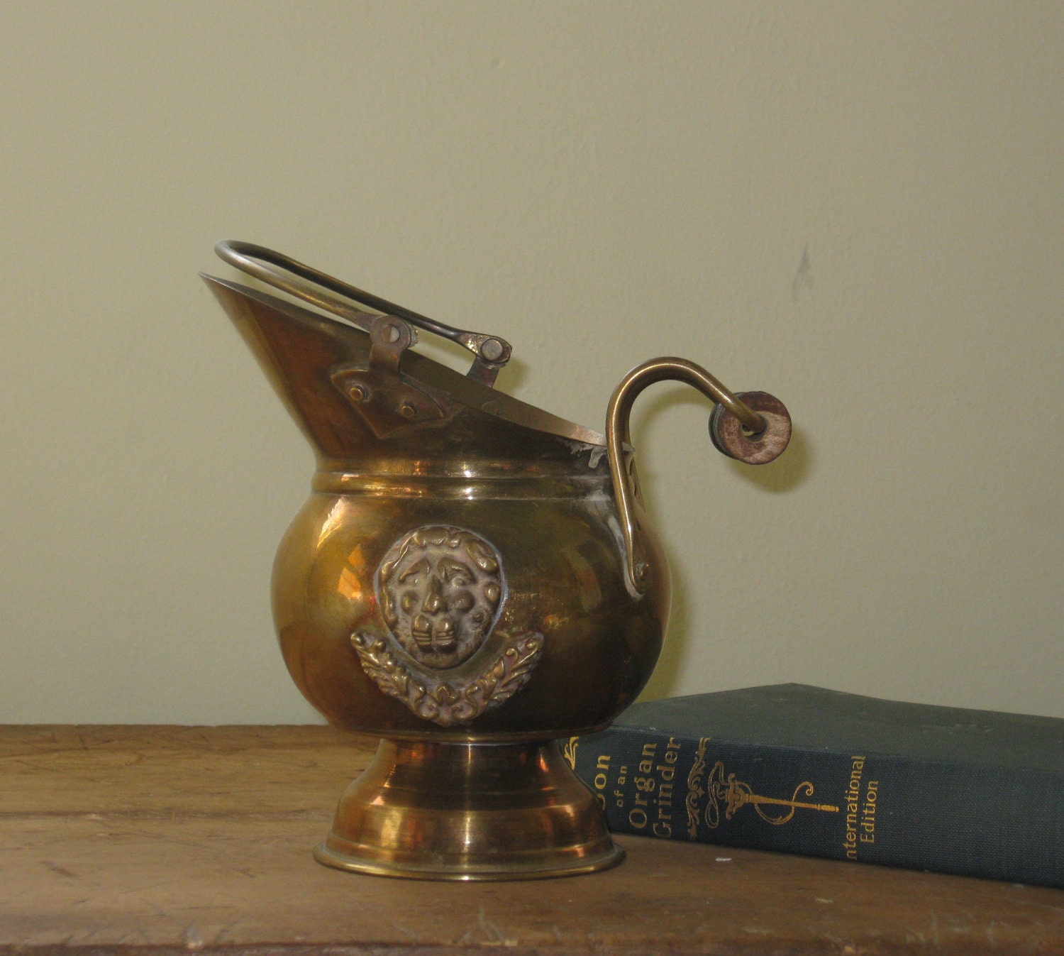 Small Brass Planter Urn Miniature Scuttle Bucket Decorative Container with Footed Pedestal Base Black Wood Swing Handle and Lions Head