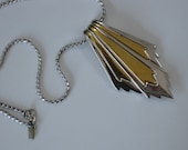 Vintage Monet Long Silver Chain Necklace with Large Geometric Gold Silver Arrow Shaped Pendant Modern Costume Jewelry 1970s 1980s Fashion