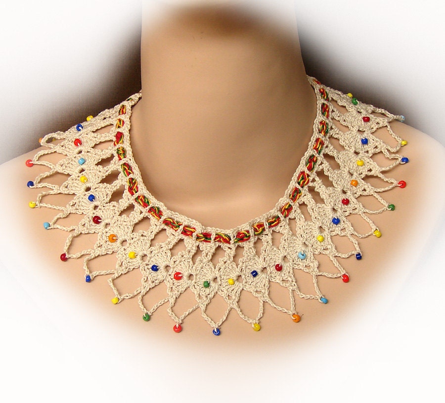 Crocheted Lace Collar with Beads - Cotton Necklace - Ecru - Multi-colored Beads
