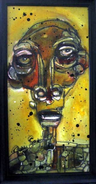 Mixed Media Original painting modernist figure portrait face in gold and brown