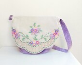 Fold Top Shoulder Bag - Vintage Hand embroidered Linen